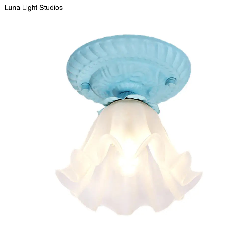 Country Scalloped Metal Ceiling Light - 1 Bulb Flush Mount In White/Pink/Blue