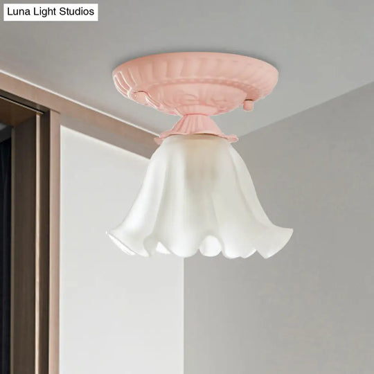 Country Scalloped Metal Ceiling Light - 1 Bulb Flush Mount In White/Pink/Blue Pink