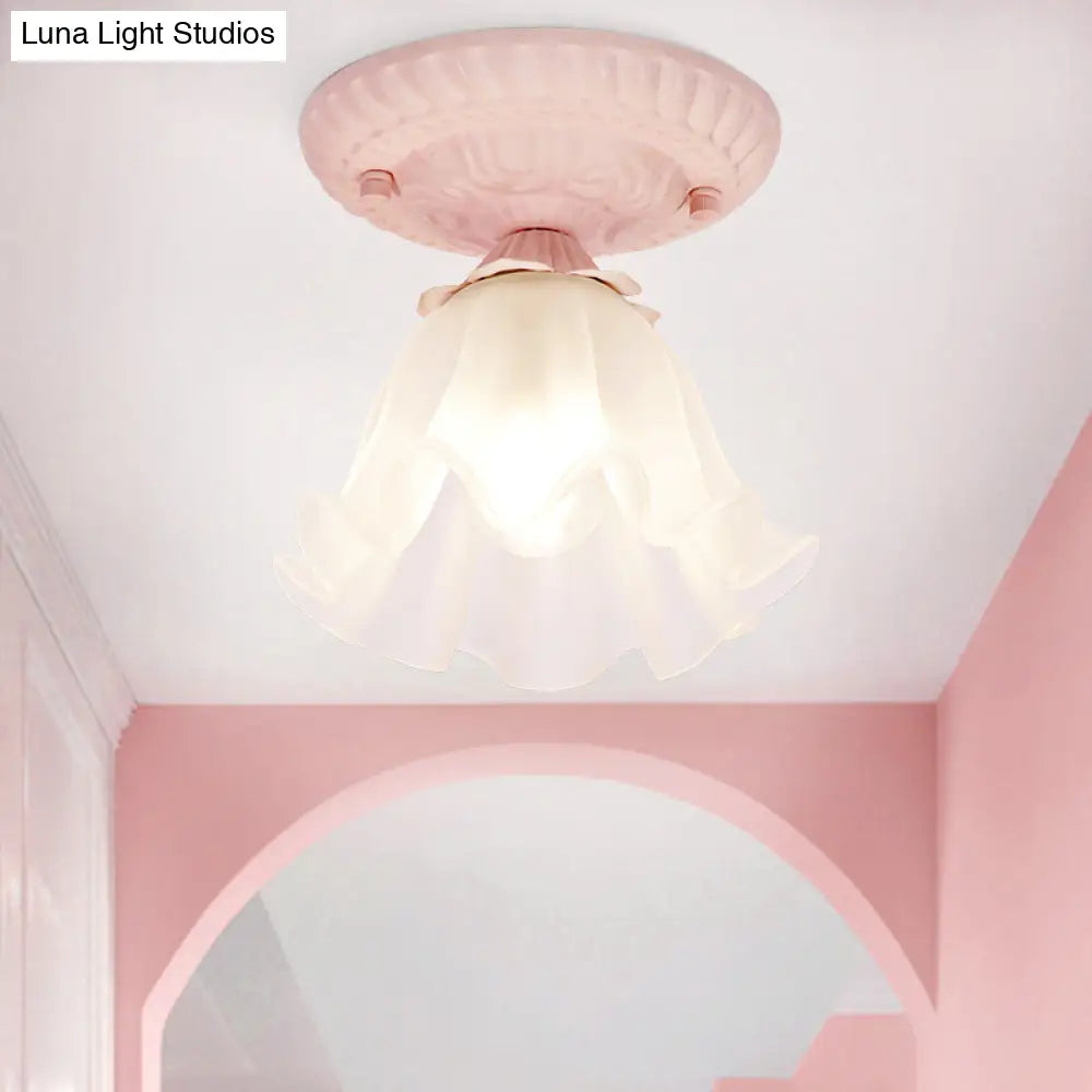 Country Scalloped Metal Ceiling Light - 1 Bulb Flush Mount In White/Pink/Blue