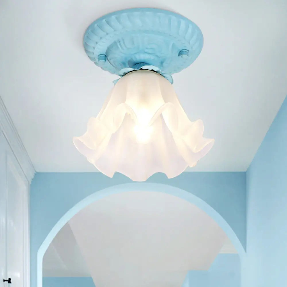 Country Scalloped Metal Ceiling Light - 1 Bulb Flush Mount In White/Pink/Blue Blue