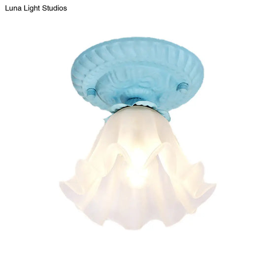 Country Scalloped Metal Ceiling Light - 1 Bulb Flush Mount In White/Pink/Blue