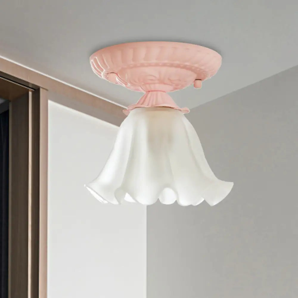Country Scalloped Metal Ceiling Light - 1 Bulb Flush Mount In White/Pink/Blue Pink