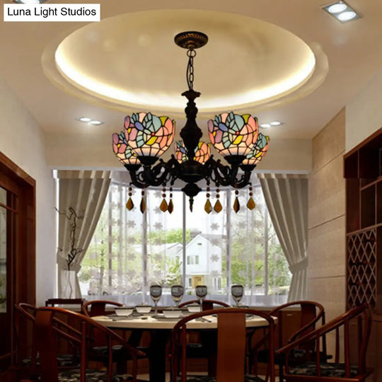 Country Scalloped Stained Glass Chandelier - 5-Head Multicolored Lighting Fixture For Living Room