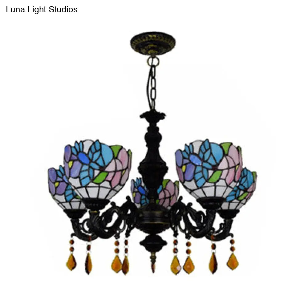 Country Scalloped Stained Glass Chandelier - 5-Head Multicolored Lighting Fixture For Living Room