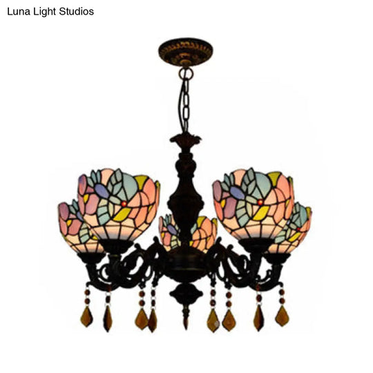 Country Scalloped Stained Glass Chandelier - 5-Head Multicolored Lighting Fixture For Living Room