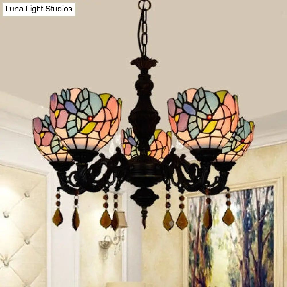 Scalloped Stained Glass Chandelier With 5 Multicolored Heads - Country-Style Hanging Light For