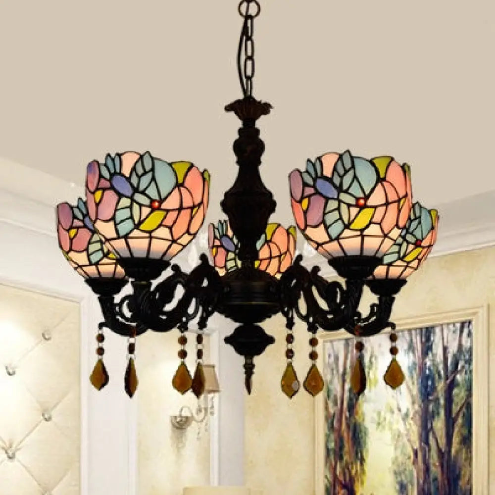 Country Scalloped Stained Glass Chandelier - 5-Head Multicolored Lighting Fixture For Living Room