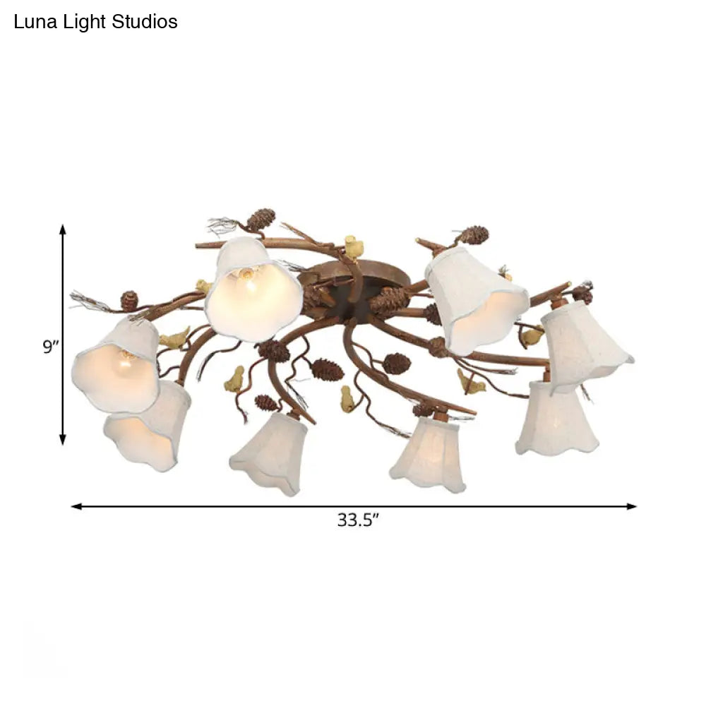Country Scalloped White Glass Ceiling Light Fixture: 8-Light Semi-Flush Mount In Rust For Living