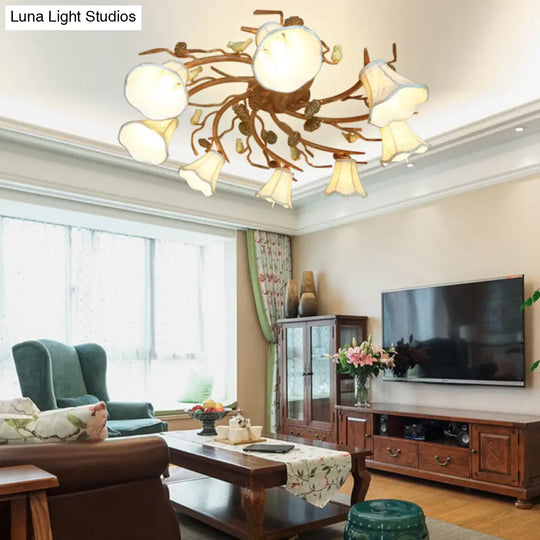 Country Scalloped White Glass Ceiling Light Fixture: 8-Light Semi-Flush Mount In Rust For Living