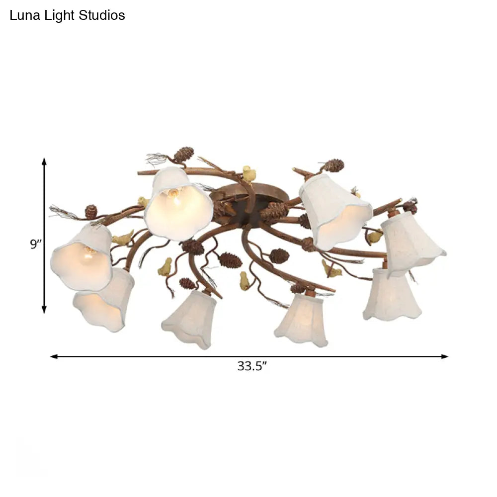 Country Scalloped White Glass Ceiling Light Fixture: 8 - Light Semi - Flush Mount In Rust For