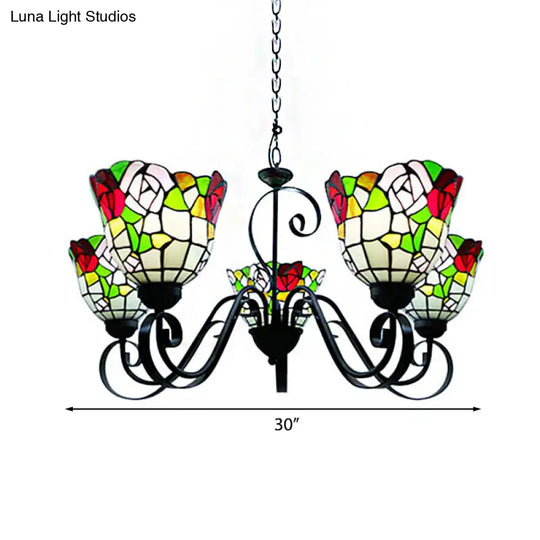 Country Stained Glass 5-Light Flower Chandelier In Black Finish - Perfect For Restaurants