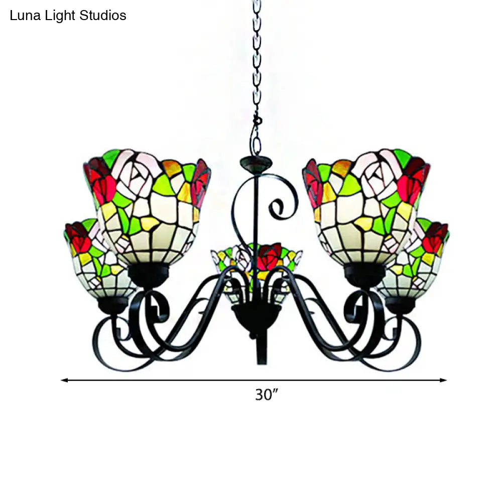 Country Stained Glass 5-Light Black Flower Chandelier For Restaurants