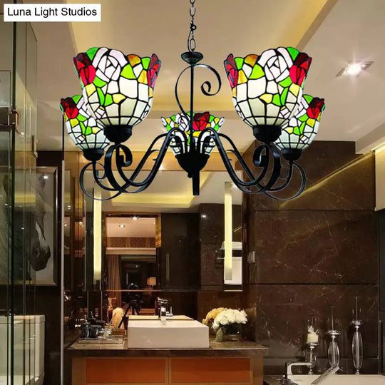 Country Stained Glass 5-Light Flower Chandelier In Black Finish - Perfect For Restaurants