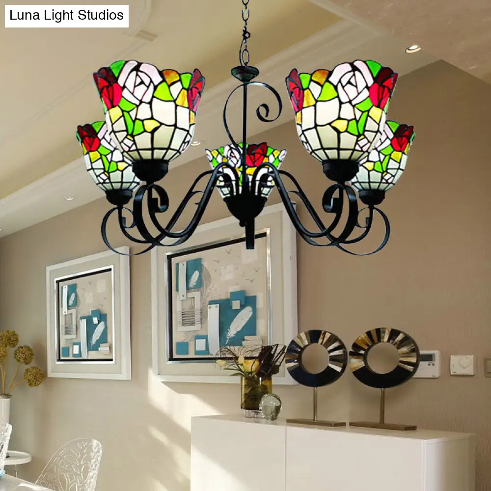 Country Stained Glass 5-Light Flower Chandelier In Black Finish - Perfect For Restaurants