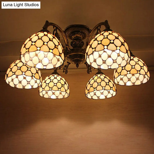 Country-Style Stained Glass Yellow Bowl Chandelier For Dining Room Ceiling 6 /