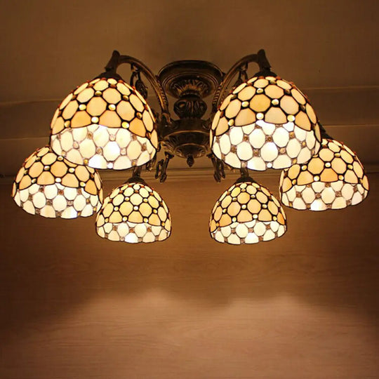 Country Stained Glass Hanging Chandelier - Yellow Bowl Ceiling Fixture For Dining Room 6 /