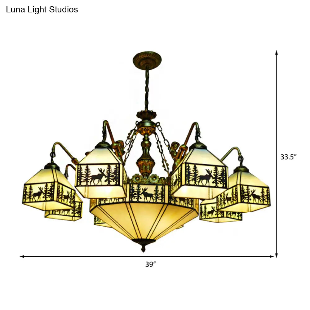 Country Stained Glass Inverted Chandelier With 9 Lights For Small Houses