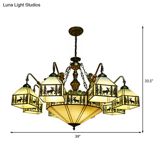 Country Stained Glass Inverted Chandelier With 9 Lights For Small Houses