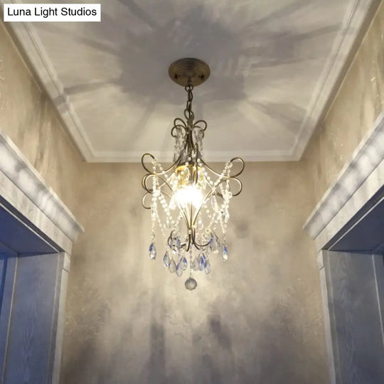 Country Style 1-Light Metal Hanging Ceiling Light With Crystal Droplet For Corridor