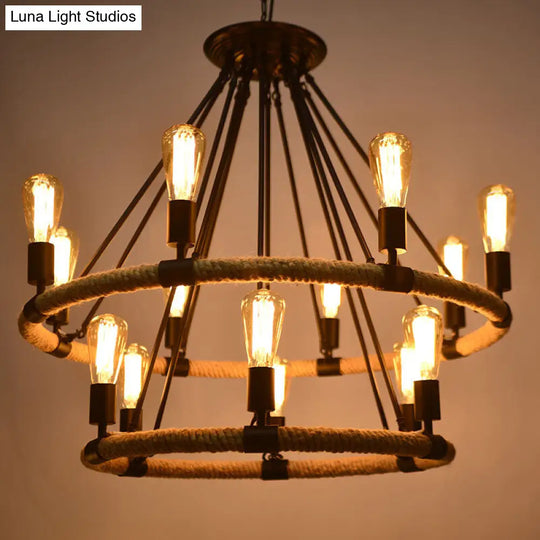 Country Style 14-Head Brown Pendant Chandelier With Circular Roped Design