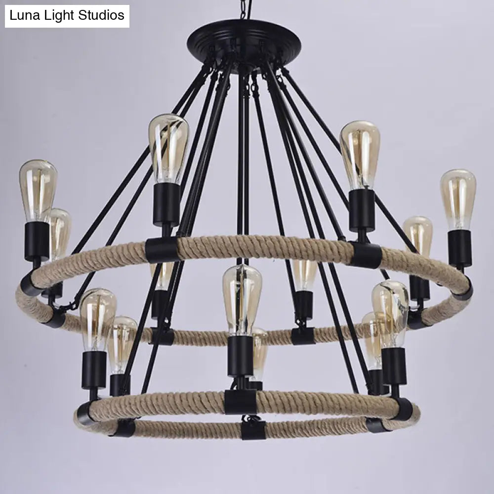 Country Style 14-Head Circular Roped Pendant Chandelier In Brown