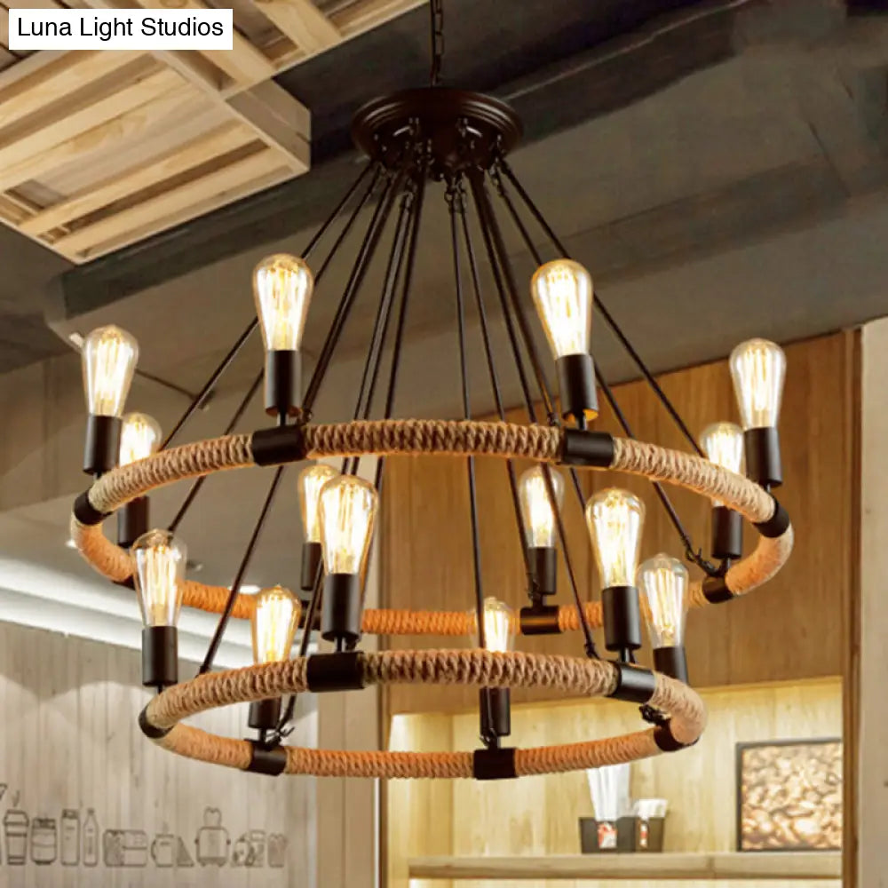 Country Style 14-Head Circular Roped Pendant Chandelier In Brown