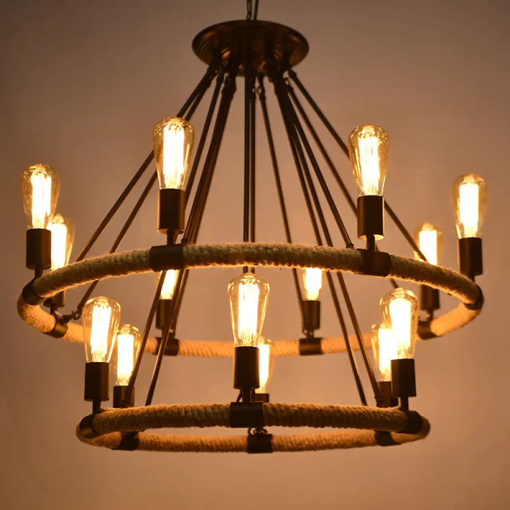 Country Style 14-Head Circular Roped Pendant Chandelier In Brown