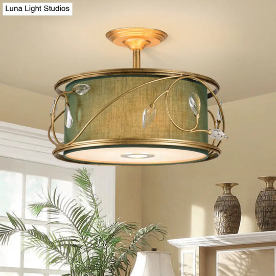 Country Style 3-Bulb Semi Flush Mount Ceiling Light In Green Fabric - 16/19.5 Width Army / 19.5