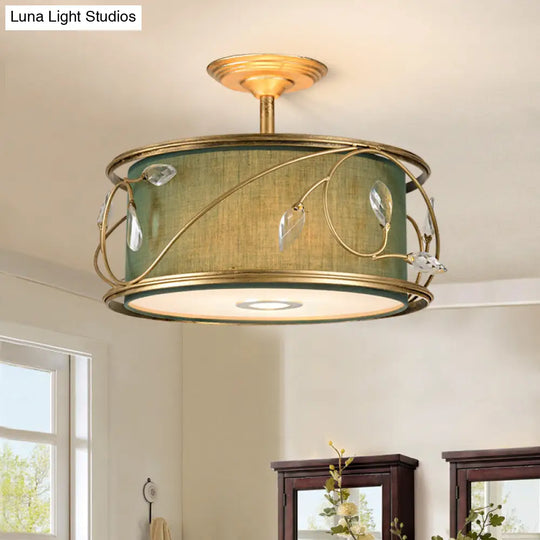 Country Style 3-Bulb Semi Flush Mount Ceiling Light In Green Fabric - 16/19.5 Width