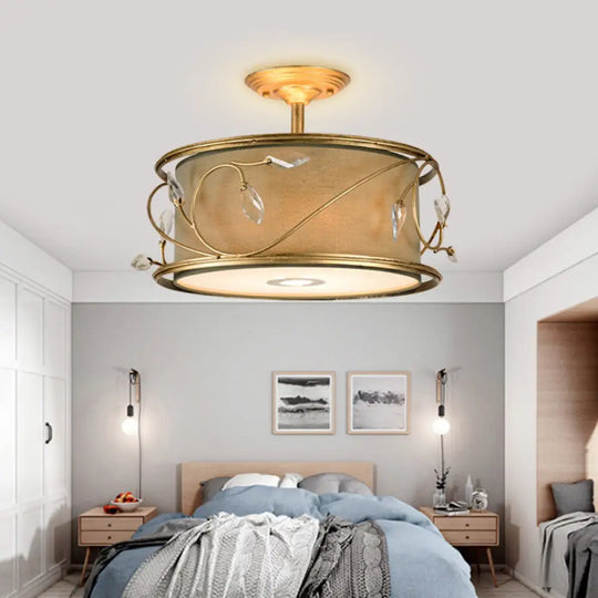Country Style 3 - Bulb Semi Flush Mount Ceiling Light In Green Fabric - 16’/19.5’ Width / 19.5’
