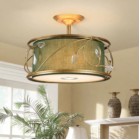 Country Style 3 - Bulb Semi Flush Mount Ceiling Light In Green Fabric - 16’/19.5’ Width Army / 19.5’
