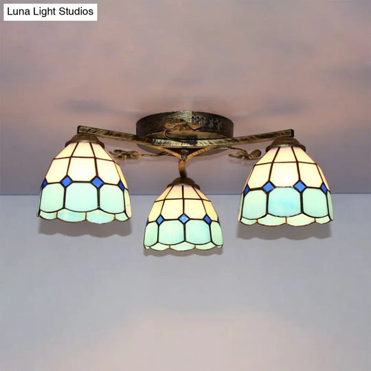 Country Style 3-Light Stained Glass Ceiling Light With Scalloped Edges In Blue And Clear Sky