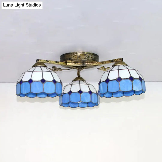 Country Style 3-Light Stained Glass Ceiling Light With Scalloped Edges In Blue And Clear