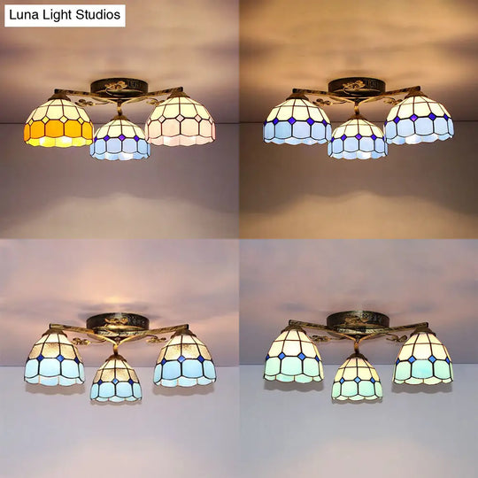 Country Style 3-Light Stained Glass Ceiling Light With Scalloped Edges In Blue And Clear