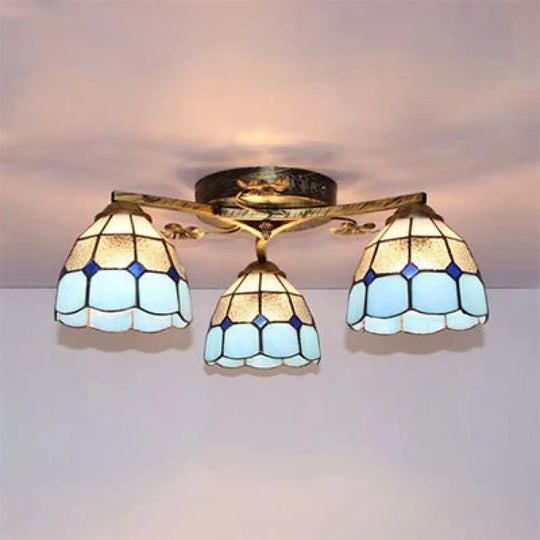 Country Style 3-Light Stained Glass Ceiling Light With Scalloped Edges In Blue And Clear