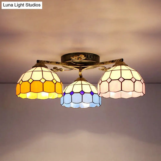 Country Style 3-Light Stained Glass Ceiling Light With Scalloped Edges In Blue And Clear Yellow