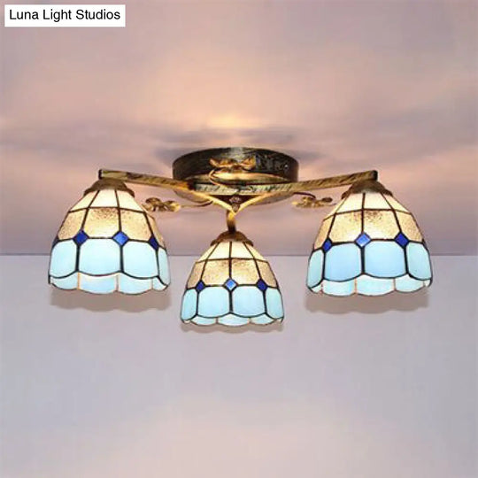 Country Style 3-Light Stained Glass Ceiling Light With Scalloped Edges In Blue And Clear