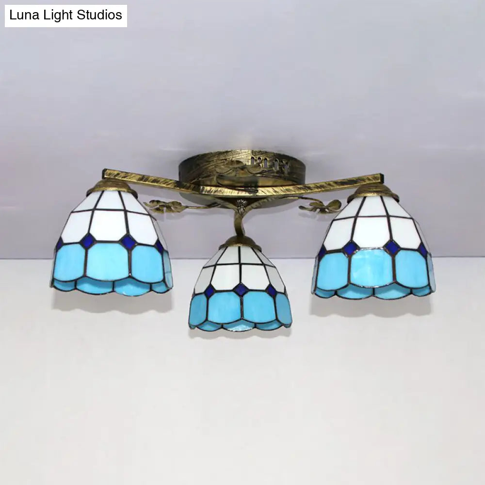 Country Style 3-Light Stained Glass Ceiling Light With Scalloped Edges In Blue And Clear