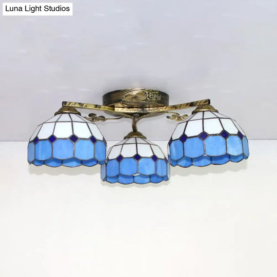 Country Style 3-Light Stained Glass Ceiling Light With Scalloped Edges In Blue And Clear