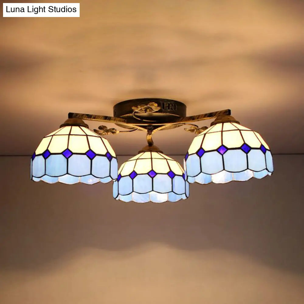 Country Style 3-Light Stained Glass Ceiling Light With Scalloped Edges In Blue And Clear Dark