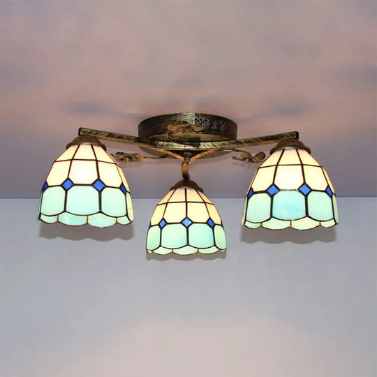 Country Style 3-Light Stained Glass Ceiling Light With Scalloped Edges In Blue And Clear Sky