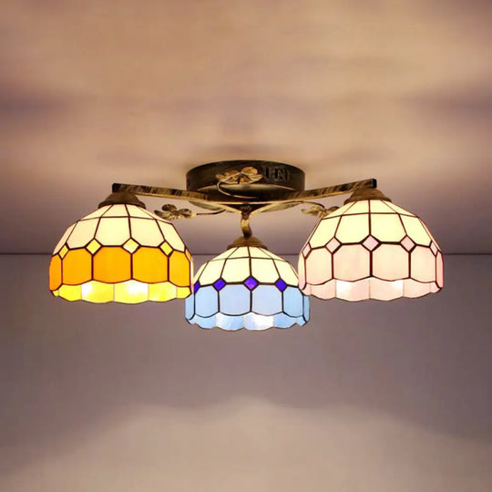 Country Style 3-Light Stained Glass Ceiling Light With Scalloped Edges In Blue And Clear Yellow