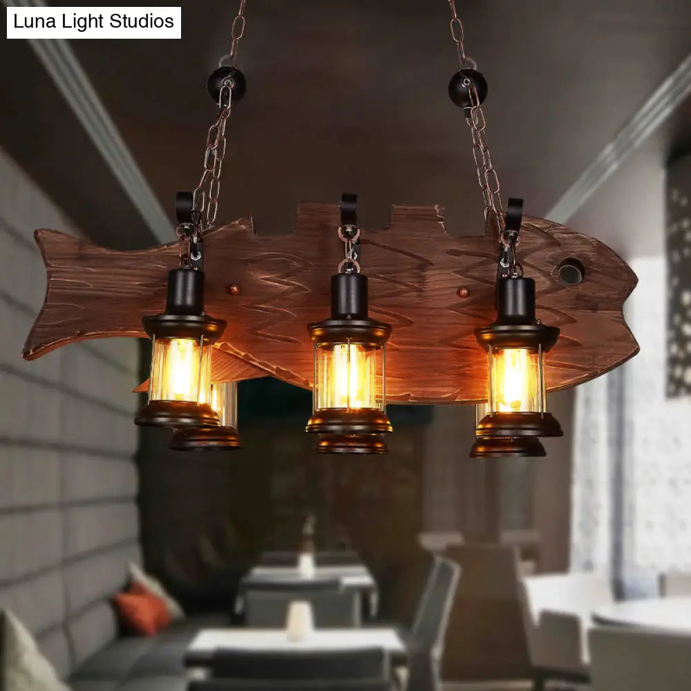 Country Style 6-Bulb Glass Lantern Island Pendant Light With Wooden Fish Deco