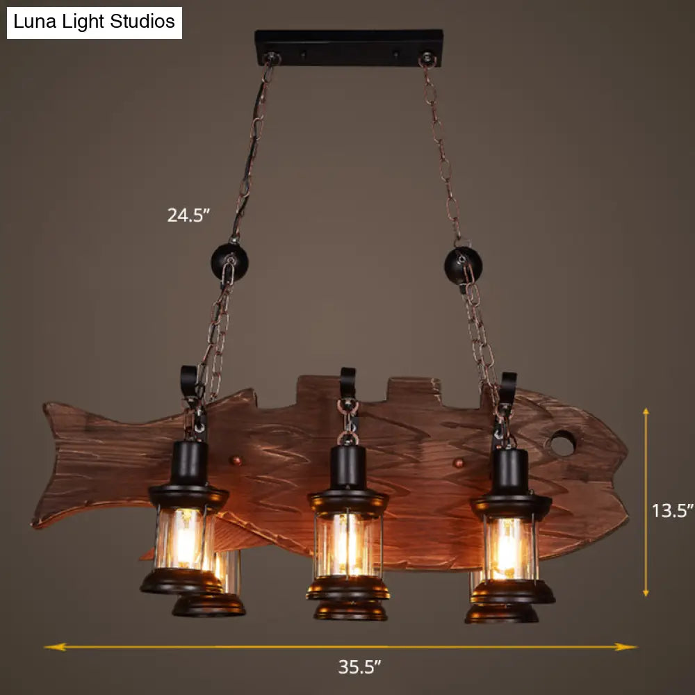 Country Style 6-Bulb Glass Lantern Island Pendant Light With Wooden Fish Deco