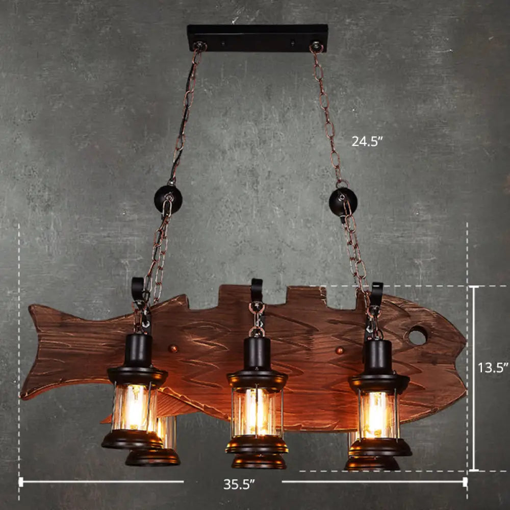 Country Style 6-Bulb Glass Lantern Island Pendant Light With Wooden Fish Deco Wood