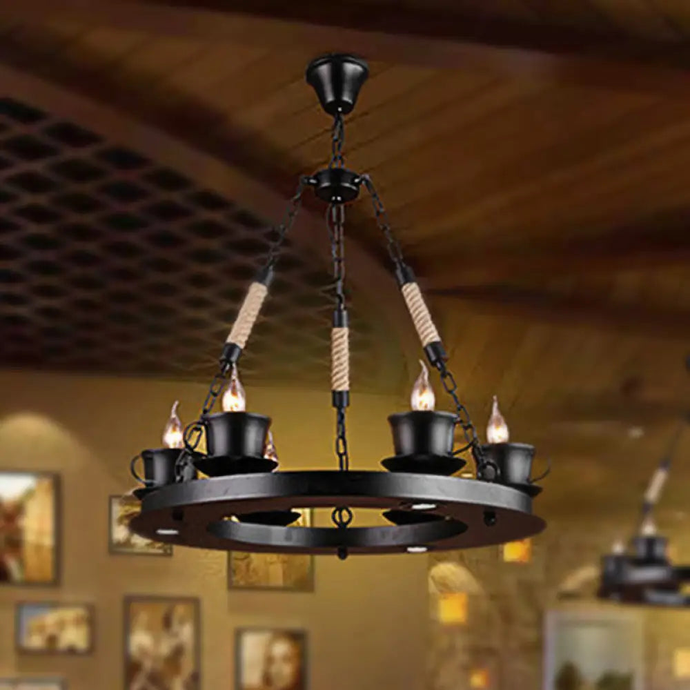 Country Style 6-Light Teacup Pendant Chandelier In Black Metal - Ideal For Restaurants