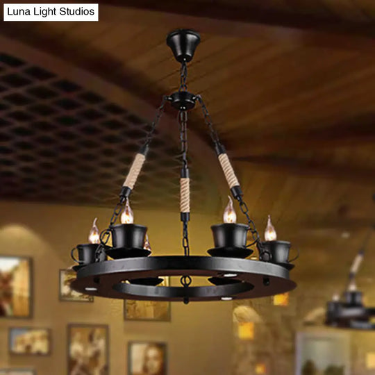 Country Style Black Metal Chandelier With 6 Teacup Shades - Perfect For Restaurants