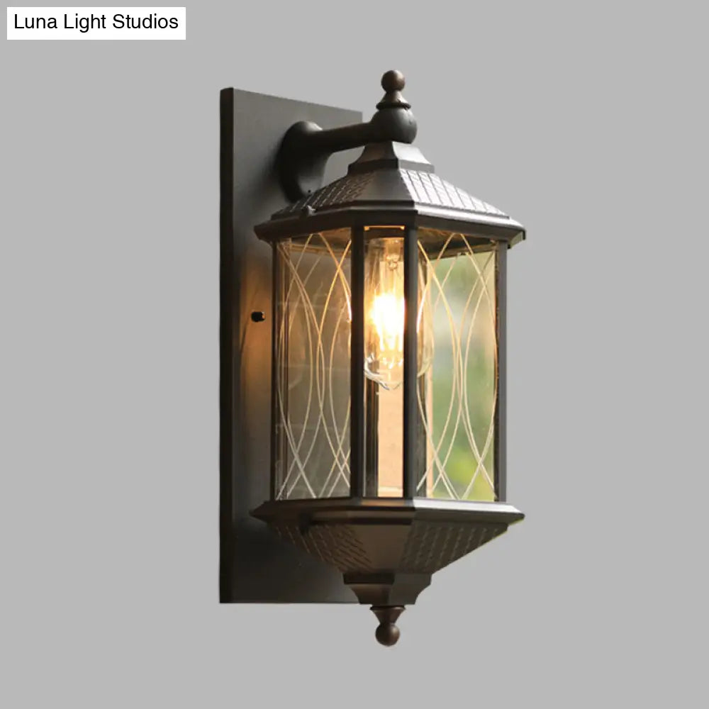 Country Style Aluminum Outdoor Wall Sconce Lamp - Rectangular Shape Coffee Finish Clear Textured