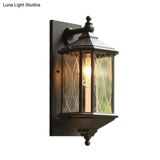 Country Style Aluminum Outdoor Wall Sconce Lamp - Rectangular Shape Coffee Finish Clear Textured