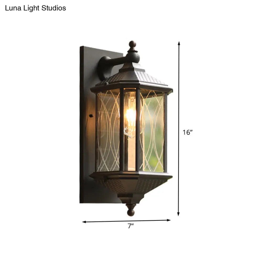 Country Style Aluminum Outdoor Wall Sconce Lamp - Rectangular Shape Coffee Finish Clear Textured